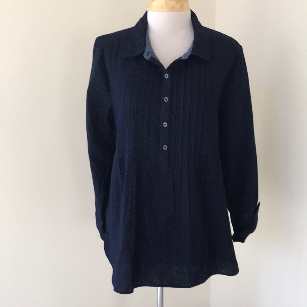 New! Coldwater creek medium navy multi front button long sleeve top.